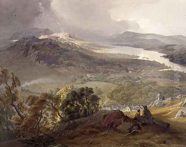 Lake Windermere, detail of the Lakeside Railway, from The English Lake District, 1853 Oil Painting by James Baker Pyne