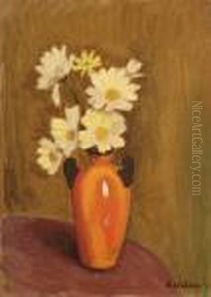 Fleurs Jaunes Dans Un Vase Orange Oil Painting by Alfred Lesbros