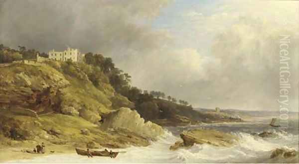 Fishermen landing a boat before a clifftop country house Oil Painting by James Baker Pyne