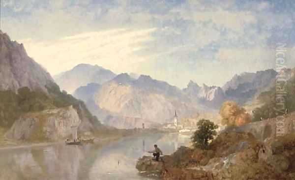 A picnic on the lago d'Orta with the town of Omegna beyond Oil Painting by James Baker Pyne