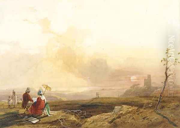 Figures sketching in a sunset landscape Oil Painting by James Baker Pyne