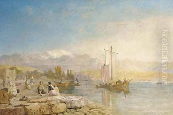 Figures by an Italianate lake Oil Painting by James Baker Pyne