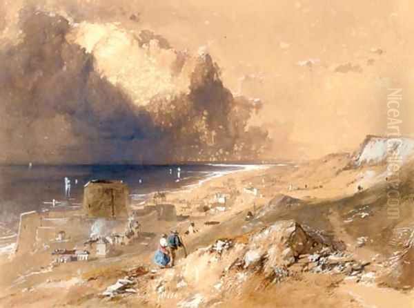 Figures walking on the cliffs above Sandgate, Kent Oil Painting by James Baker Pyne