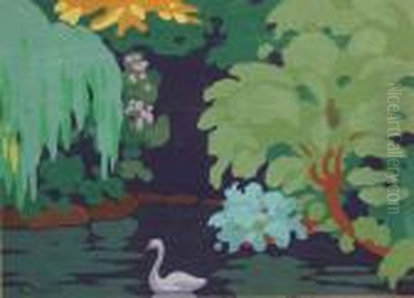 Fleurs, Feuilles Et Cygne Oil Painting by Alfred Lesbros