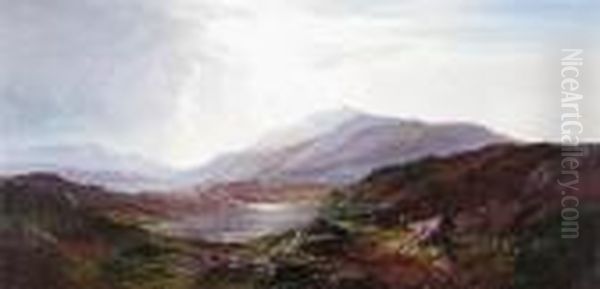 A Highland Lake Landscape Oil Painting by Charles Leslie