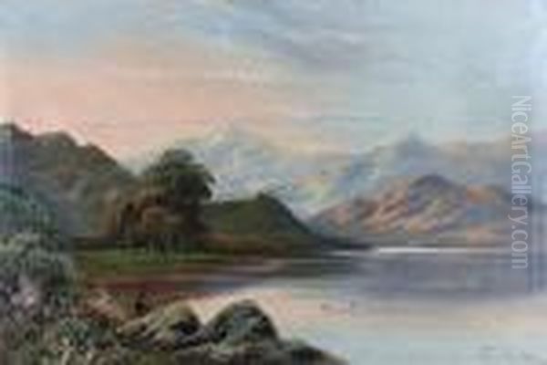 A Highland Loch Landscape With Angler Oil Painting by Charles Leslie