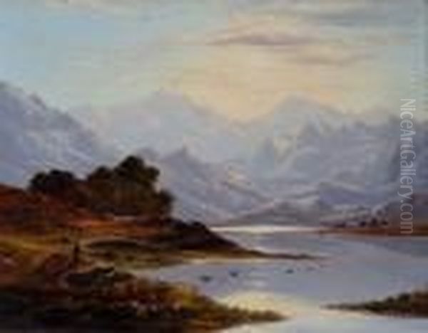 A Figure On The Shores Of A Sun Lit Mountainous Loch Oil Painting by Charles Leslie