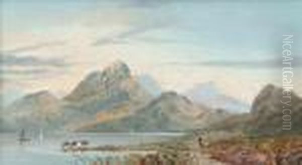 A Scottish Highlandloch Landscape Oil Painting by Charles Leslie