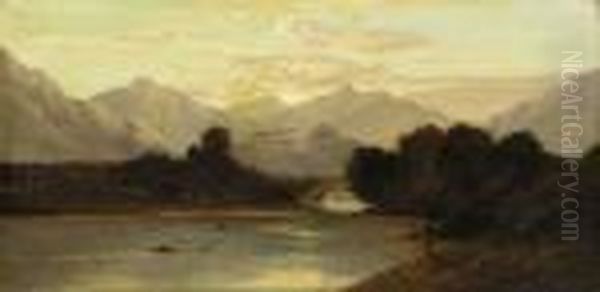 A Highland Landscape With Fisherman, Figures On A Bridge, Mountains In The Background Oil Painting by Charles Leslie