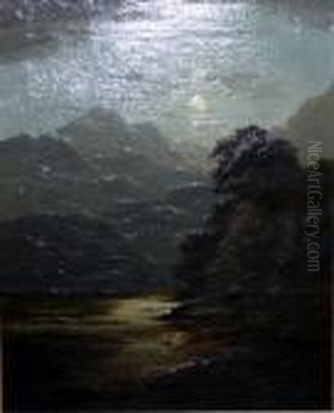 Oilon Canvas - Moonlit Landscape With Mountains And Figures - 42 X 52 Cms Oil Painting by Charles Leslie