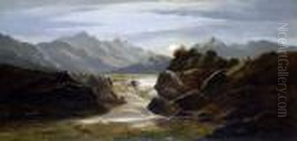 Rapids In A Mountainous Landscape, With The Moon Rising Oil Painting by Charles Leslie