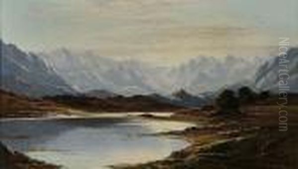 Figures Beside A Mountainous Loch At Dawn, 1880 Oil Painting by Charles Leslie