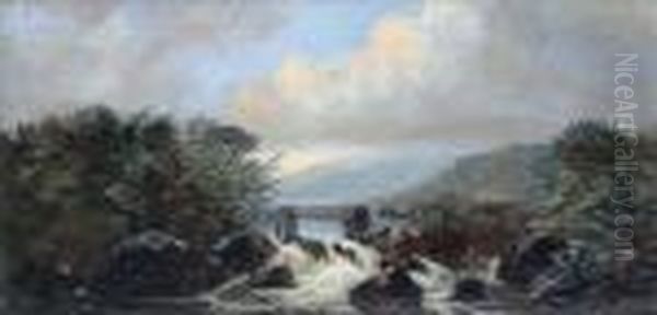 Figureson A Bridge Over A Torrent Oil Painting by Charles Leslie