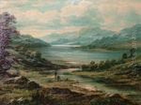 Anglers In A Lochlandscape Oil Painting by Charles Leslie