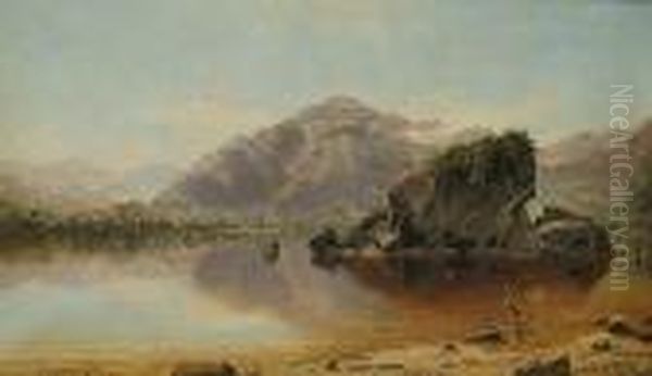 A Placid Lake With Mountains Beyond Oil Painting by Charles Leslie