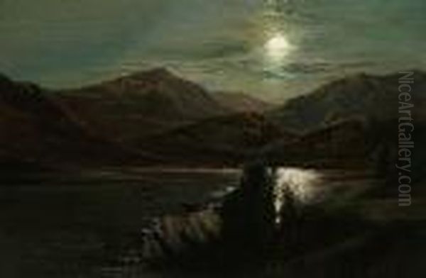 A Moonlit Loch Oil Painting by Charles Leslie