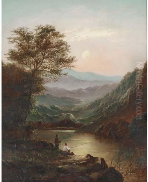 Cattle Watering In A Welsh Landscape; And Anglers By A Lake Oil Painting by Charles Leslie