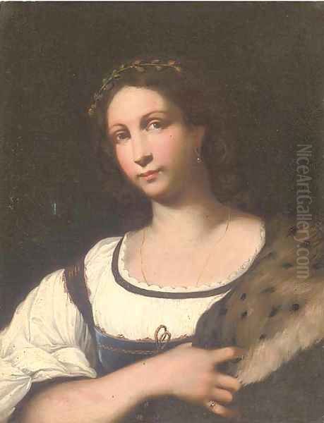 Portrait of a lady, half-length, in a white dress with a fur cape Oil Painting by Sebastiano Del Piombo