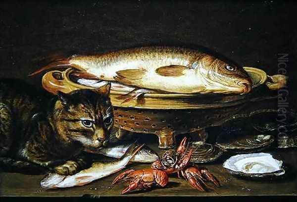 A still life with carp in a ceramic colander, oysters, crayfish, roach and a cat on the ledge beneath Oil Painting by Clara Peeters