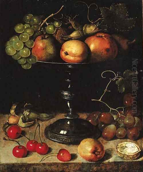 Pears, an apple, an apricot, grapes, almonds and wallnuts on a tazza with grapes, a wallnut, an abricot, cherries and almonds on a stone ledge Oil Painting by Clara Peeters