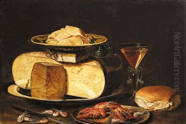 Slices of butter on a Wanli 'kraak' porselein plate, on a cheesestack on a pewter plate, with a jug, a facon-de-Venise wineglass, a bun Oil Painting by Clara Peeters