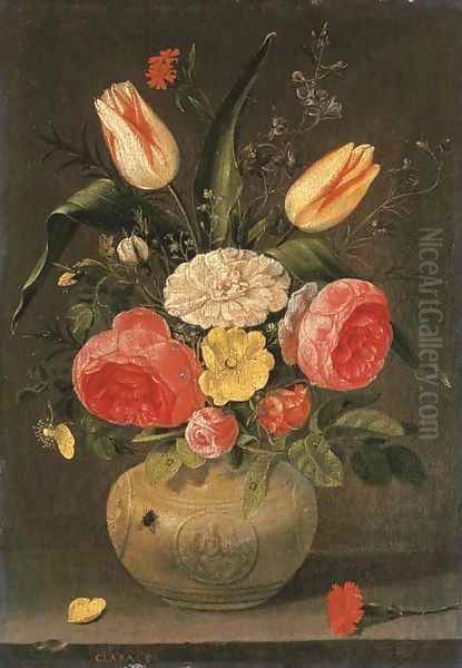 Roses, tulips, carnations and other flowers in a stoneware vase with ornamental relieves on a stone ledge Oil Painting by Clara Peeters