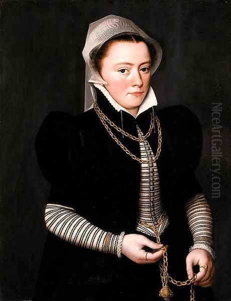 Portrait of a Lady, three-quarter length, wearing a striped bodice and black coat, holding a pomander on a gold chain Oil Painting by Pieter Pourbus