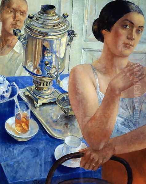 At the Samovar, 1926 Oil Painting by Kuzma Sergeevich Petrov-Vodkin