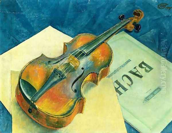 Still Life with a Violin, 1921 Oil Painting by Kuzma Sergeevich Petrov-Vodkin