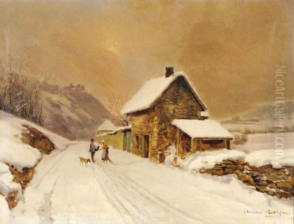 Passage Du Facteur Sous La Neige Oil Painting by Theodore Levigne