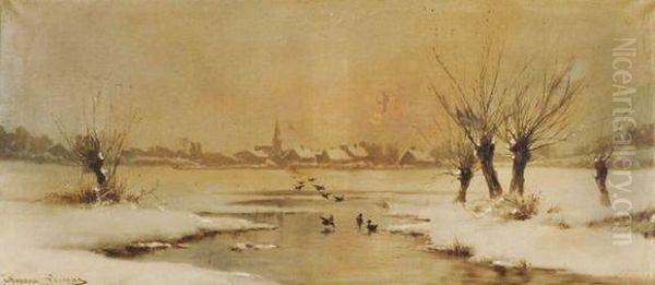 Canards Dans La Neige Oil Painting by Theodore Levigne