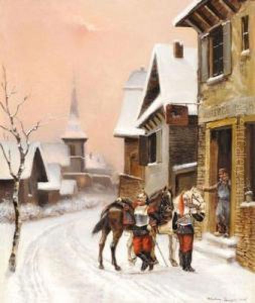 Cuirassiers Au Relais De Poste Oil Painting by Theodore Levigne