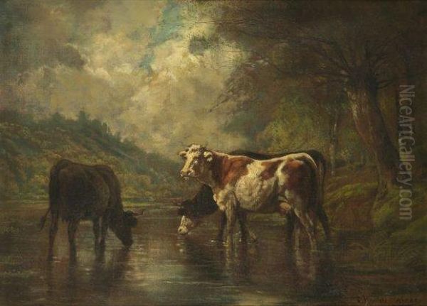 Vaches En Bord De Riviere. Oil Painting by Theodore Levigne