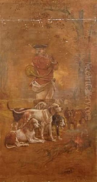 Veneur Et Ses Chiens Pres Du Feu Oil Painting by Theodore Levigne