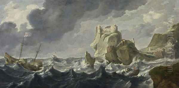 A Mediterranean Harbour Entrance Oil Painting by Bonaventura, the Elder Peeters