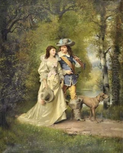 Couple Chassant Oil Painting by Theodore Levigne