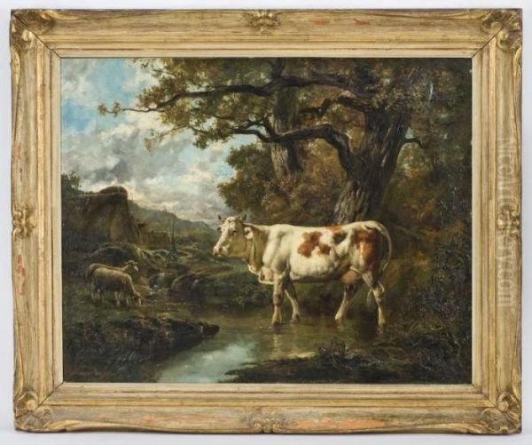 Depicting A Cow Grazing By A River Oil Painting by Theodore Levigne