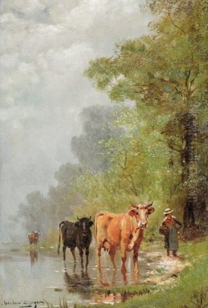 Vaches A La Riviere Oil Painting by Theodore Levigne