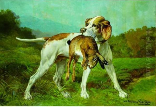 Chien De Chasse Et Lievre. Oil Painting by Theodore Levigne