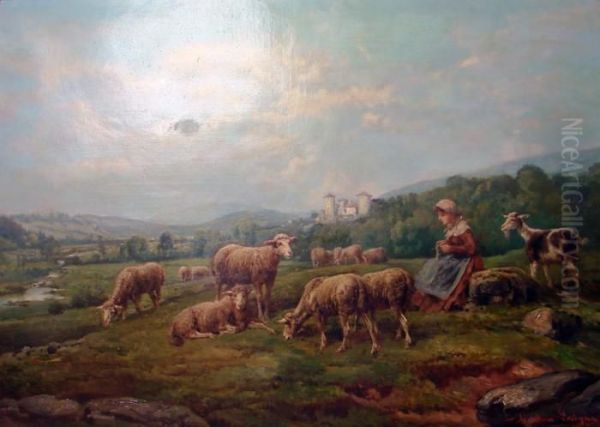 Gardienne De Moutons En Dauphine Oil Painting by Theodore Levigne