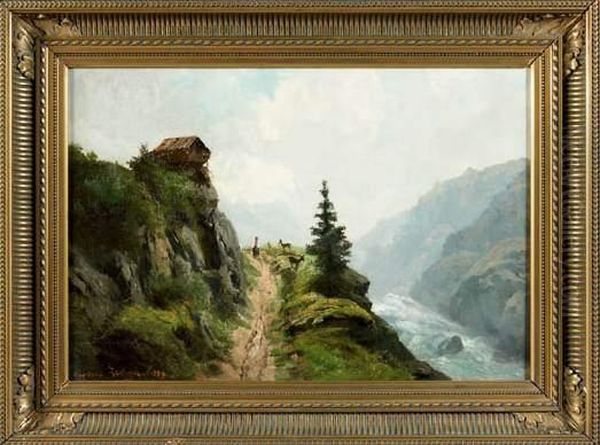 Paysage De Montagne Au Berger Et Au Torrent Oil Painting by Theodore Levigne