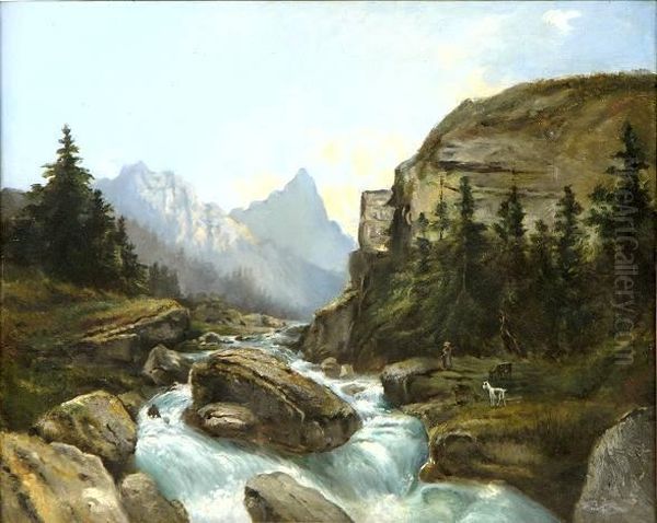 Paysage De Montagne Anime Oil Painting by Theodore Levigne