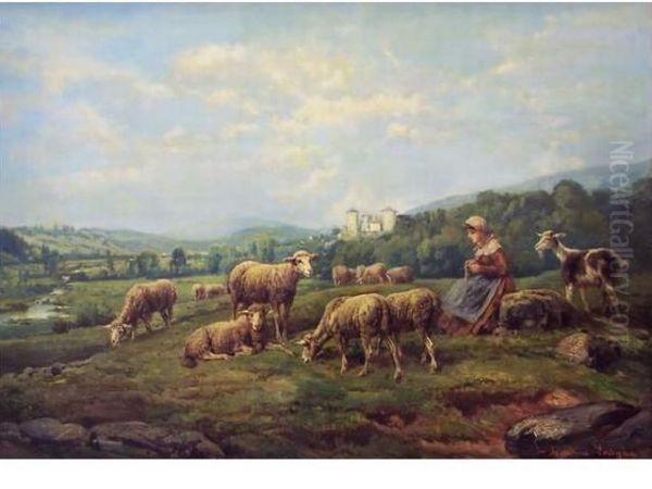 Bergere Et Ses Moutons Oil Painting by Theodore Levigne