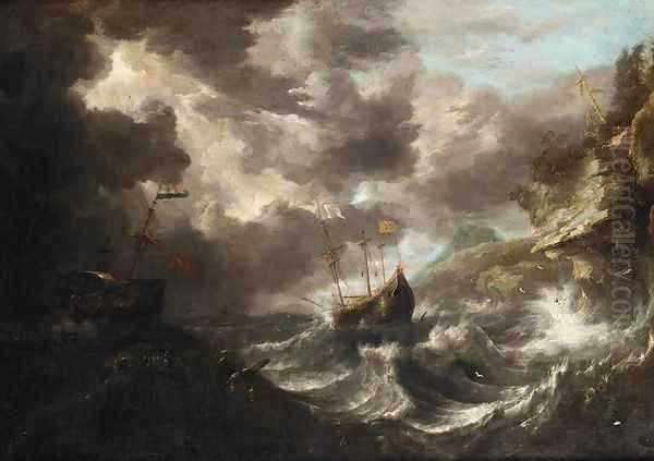 Shipping in a Tempest off a Rocky Coast Oil Painting by Bonaventura, the Elder Peeters