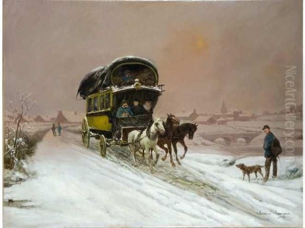 :la Diligence De Charlieu En Hiver(reentoilee) Oil Painting by Theodore Levigne