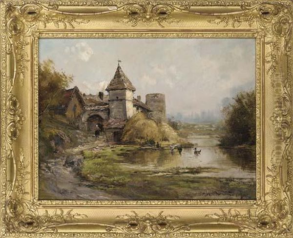 Ducks On A Lake By A French Chateau Oil Painting by Theodore Levigne