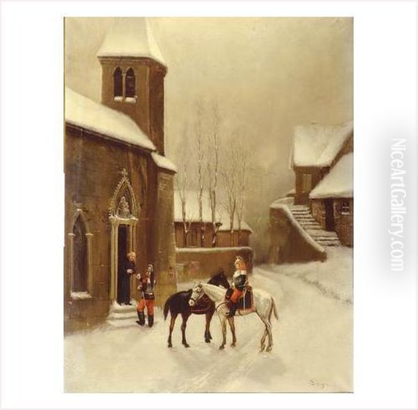 Le Cuirassier Au Presbytere Sous La Neige Oil Painting by Theodore Levigne