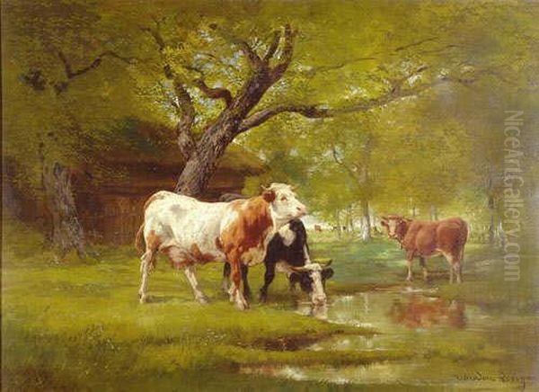 Vaches Au Bord De La Mare Oil Painting by Theodore Levigne