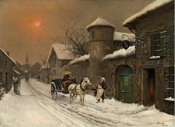 L'arrivee A L'auberge Sous La Neige. Oil Painting by Theodore Levigne