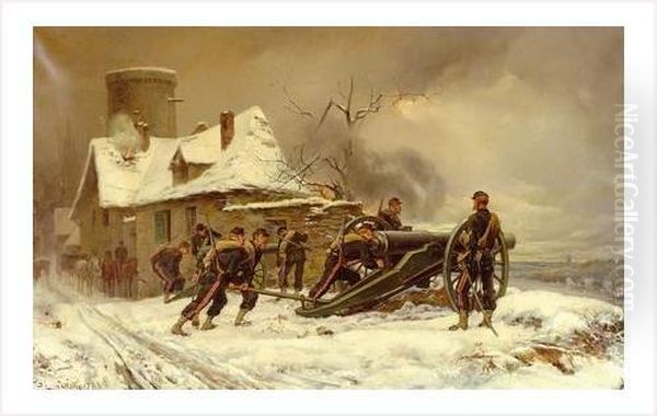 Canon Au Mont Valerien Durant Le Siege De Paris Oil Painting by Theodore Levigne